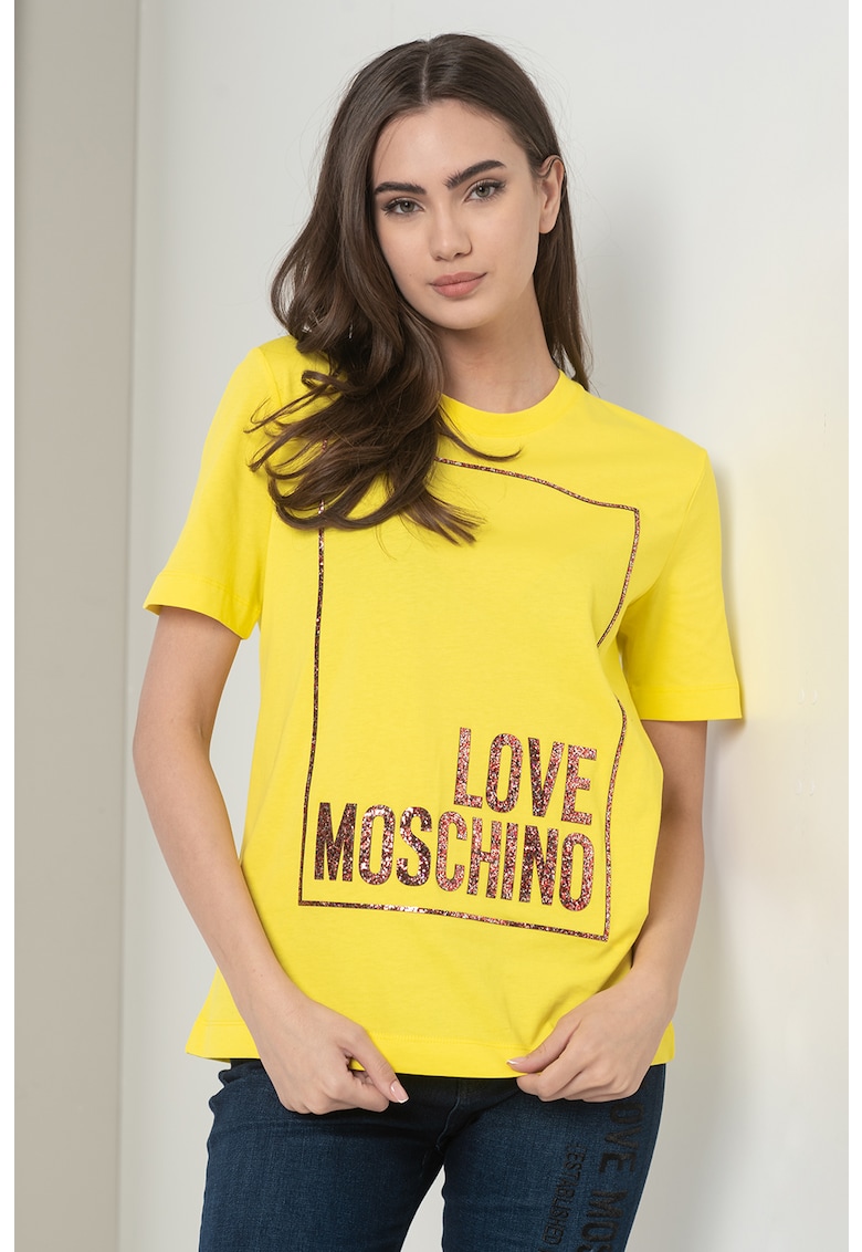 Tениска с овално деколте и бляскава щампа Love Moschino