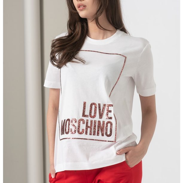 Tениска с овално деколте и бляскава щампа Love Moschino