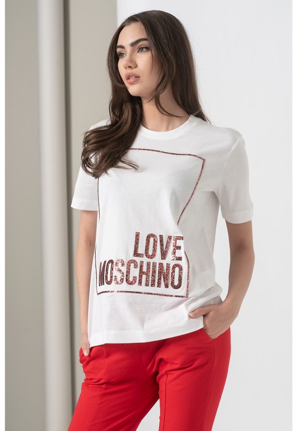 Tениска с овално деколте и бляскава щампа Love Moschino