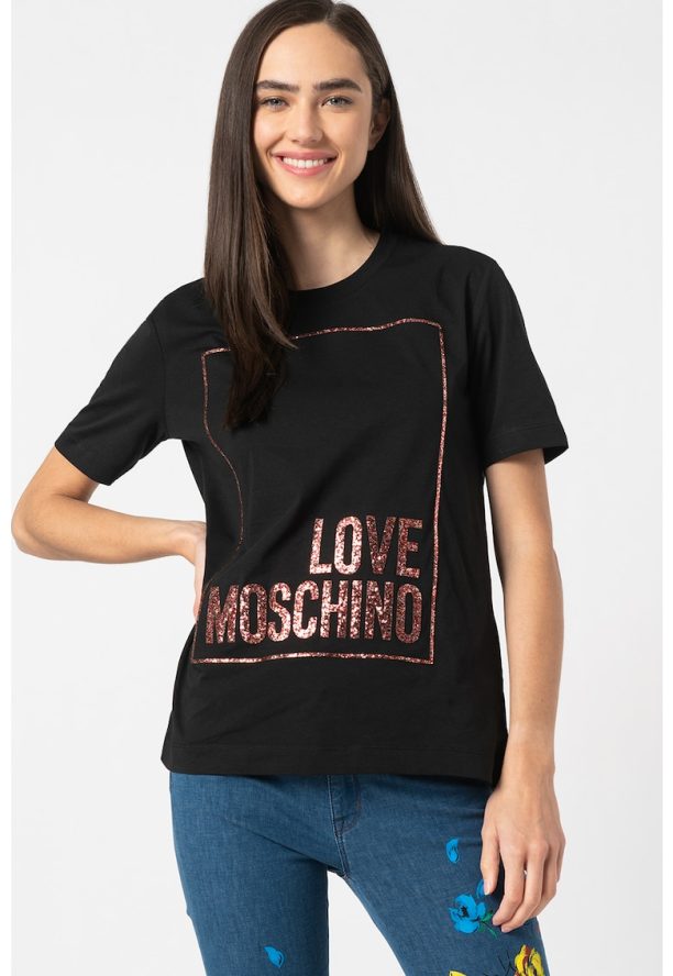 Tениска с овално деколте и бляскава щампа Love Moschino