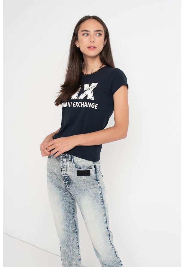 Тениска с лого и декоративни камъни ARMANI EXCHANGE