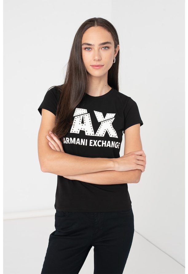 Слим тениска с декоративни камъни ARMANI EXCHANGE