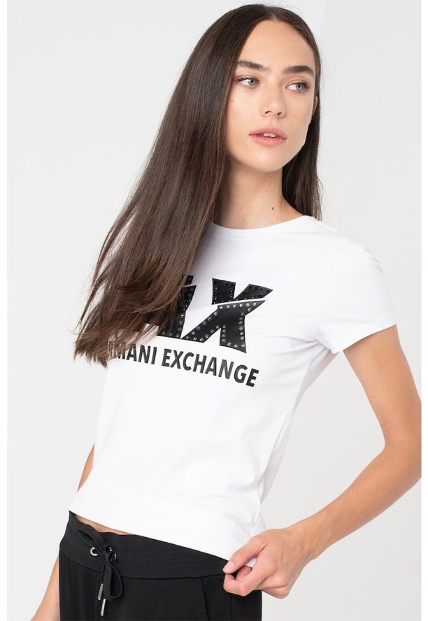 Тениска с лого и декоративни камъни ARMANI EXCHANGE