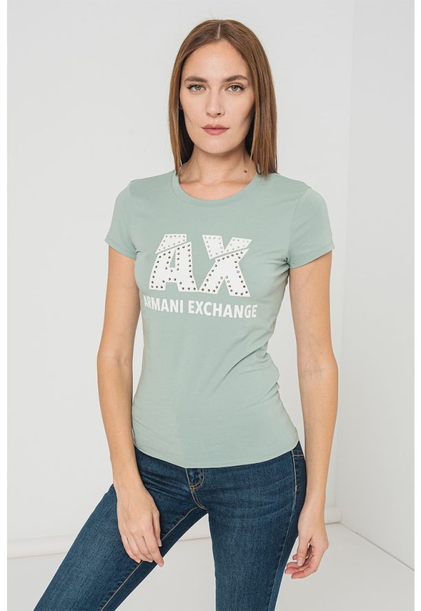 Тениска с лого и декоративни камъни ARMANI EXCHANGE