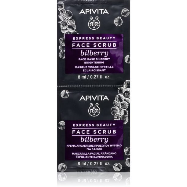 Apivita Express Beauty Bilberry интензивен почистващ пилинг за озаряване на лицето 2 x 8 мл.