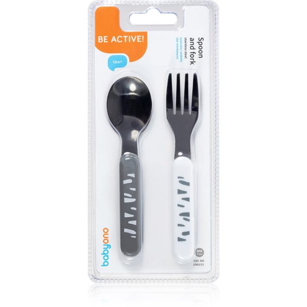 BabyOno Be Active Stainless Steel Spoon and Fork прибор Grey-White 12 m+ 2 бр.