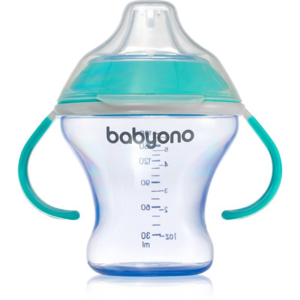 BabyOno Take Care Non-spill Cup with Soft Spout преходна чаша с дръжки Turquoise 3 m+ 180 мл.