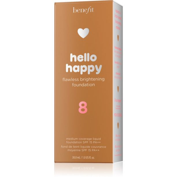 Benefit Hello Happy Flawless Brightening Foundation озаряващ течен фон дьо тен SPF 15 цвят 08 Tan Warm 30 мл. купи на топ цена