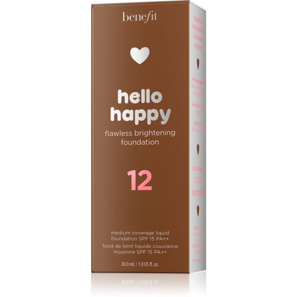 Benefit Hello Happy Flawless Brightening Foundation озаряващ течен фон дьо тен SPF 15 цвят 12 Dark Warm 30 мл. купи на топ цена