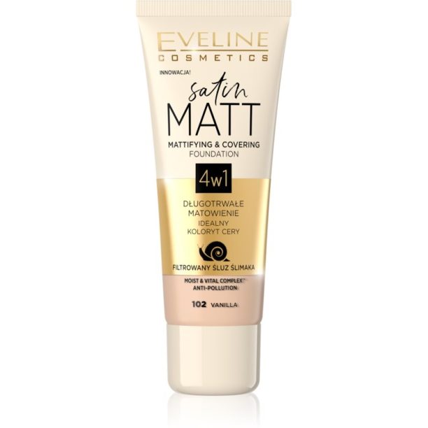 Eveline Cosmetics Satin Matt матиращ фон дьо тен с екстракт от охлюв цвят 102 Vanilla 30 мл.