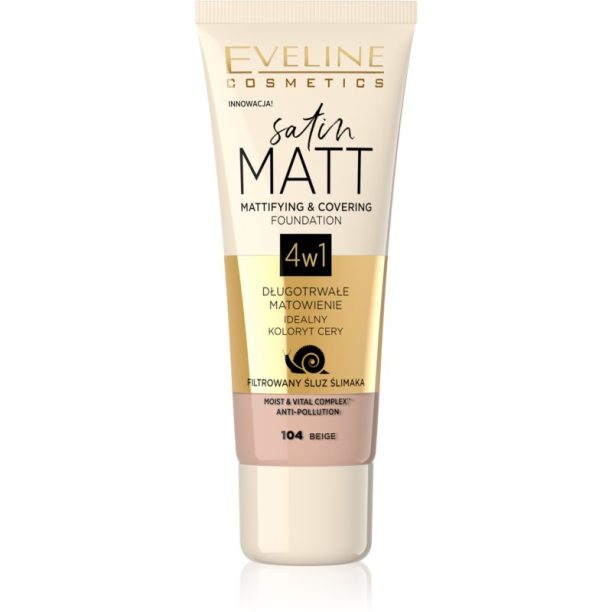 Eveline Cosmetics Satin Matt матиращ фон дьо тен с екстракт от охлюв цвят 104 Beige 30 мл.