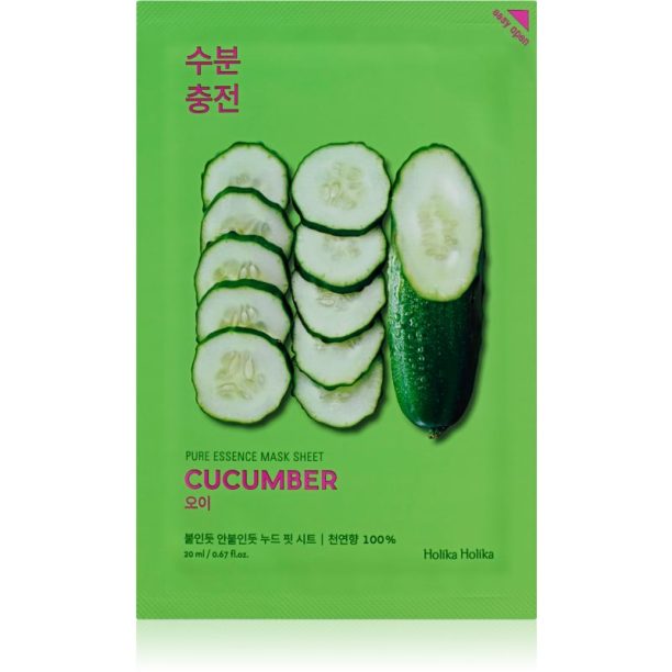 Holika Holika Pure Essence Cucumber платнена маска с успокояващ ефект за чувствителна кожа със склонност към почервеняване 23 мл.