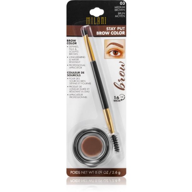 Milani Stay Put помада за вежди 03 Medium Brown