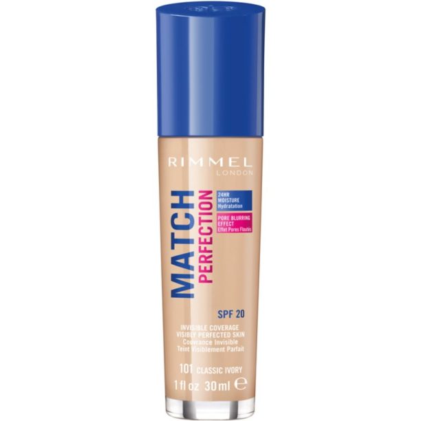 Rimmel Match Perfection течен фон дьо тен SPF 20 цвят 101 Classic Ivory 30 мл.