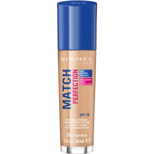 Rimmel Match Perfection течен фон дьо тен SPF 20 цвят 203 True Beige 30 мл.