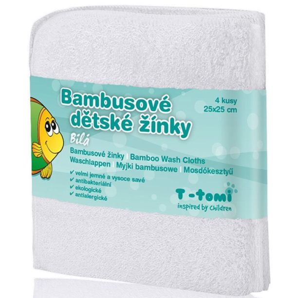 T-Tomi Bamboo Washcloth White кърпа за измиване 25x25 cm 4 бр.