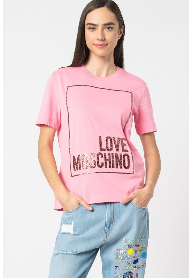 Tениска с овално деколте и бляскава щампа Love Moschino