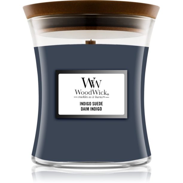 Woodwick Indigo Suede ароматна свещ с дървен фитил 85 гр.