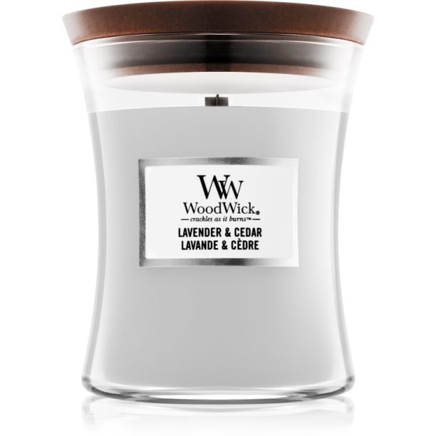 Woodwick Lavender & Cedar ароматна свещ с дървен фитил 275 гр.