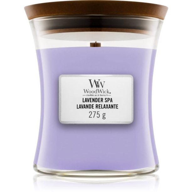 Woodwick Lavender Spa ароматна свещ с дървен фитил 275 гр.