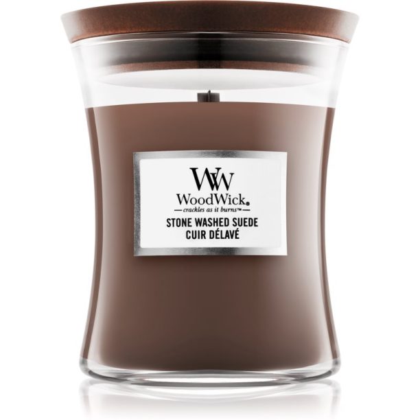 Woodwick Stone Washed Suede ароматна свещ с дървен фитил 275 гр.