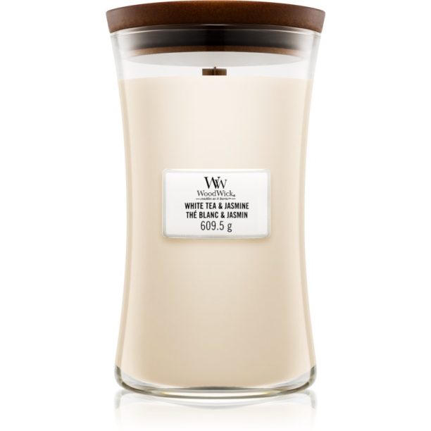 Woodwick White Tea & Jasmine ароматна свещ с дървен фитил 609.5 гр.