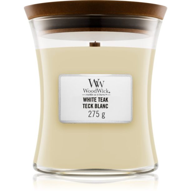 Woodwick White Teak ароматна свещ  с дървен фитил 275 гр.