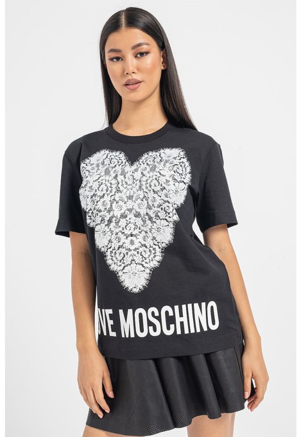 Памучна тениска с дантелена щампа Love Moschino