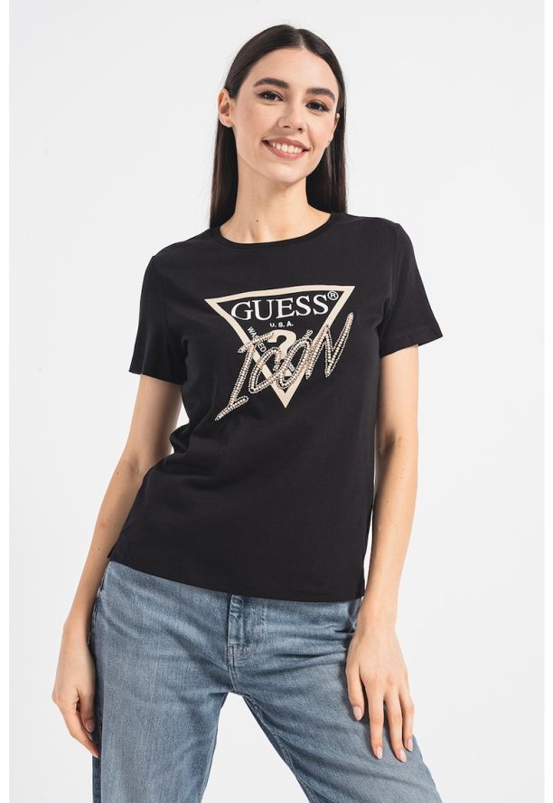 Памучна тениска с лого и мъниста GUESS JEANS