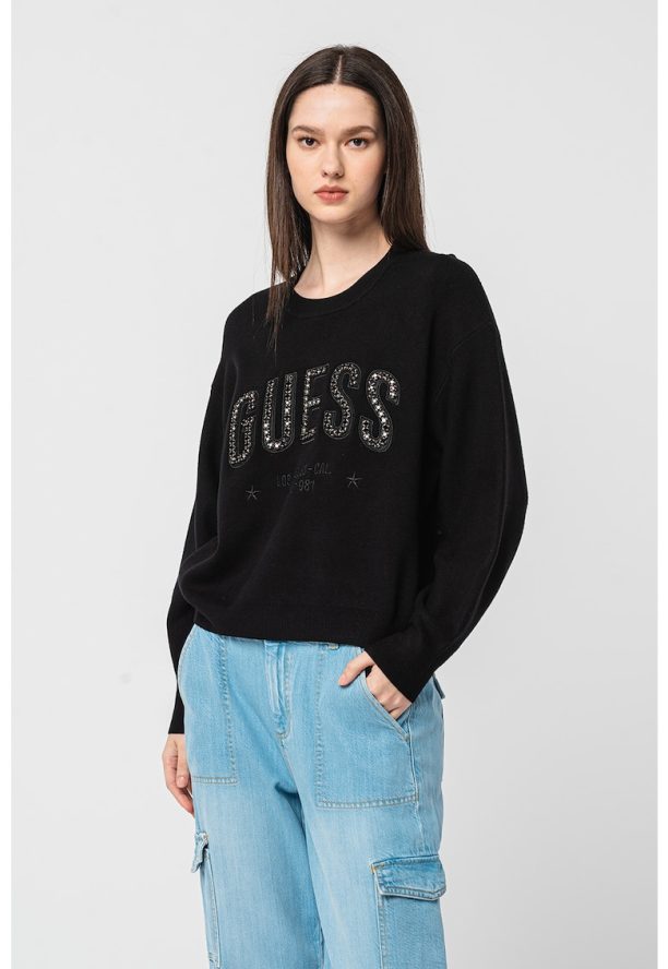 Пуловер с лого от декоративни камъни GUESS JEANS