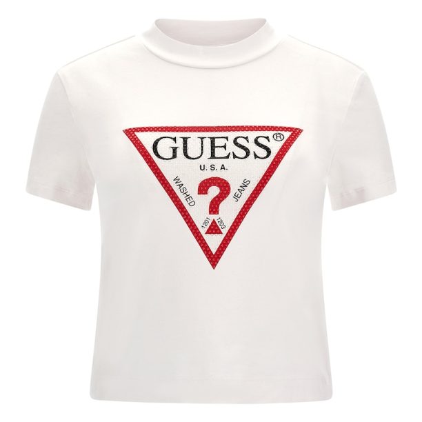 Тениска с лого и декоративни камъни Guess