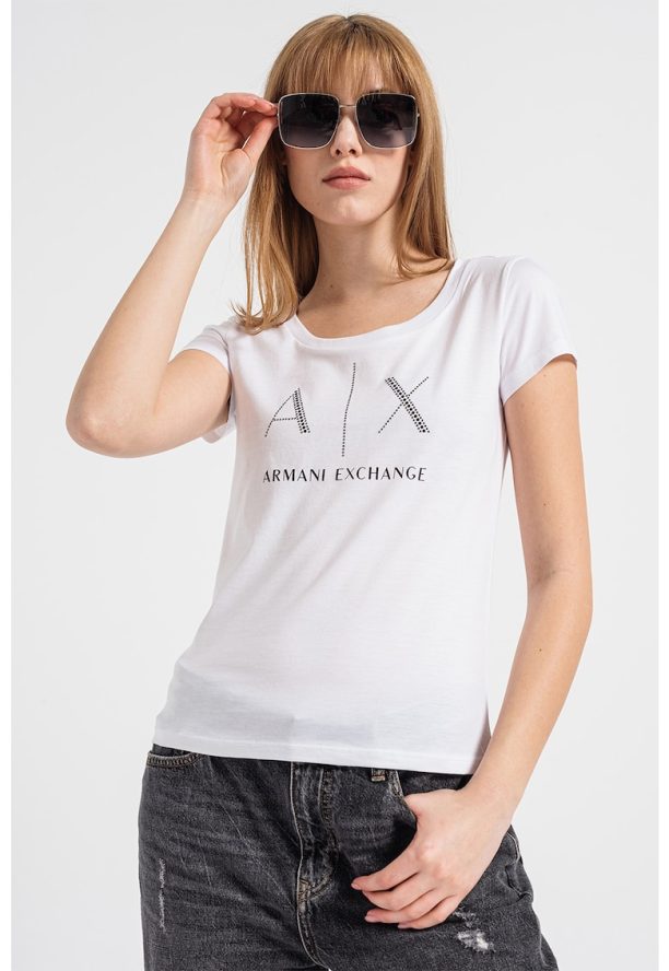 Тениска с лого с декоративни камъни ARMANI EXCHANGE