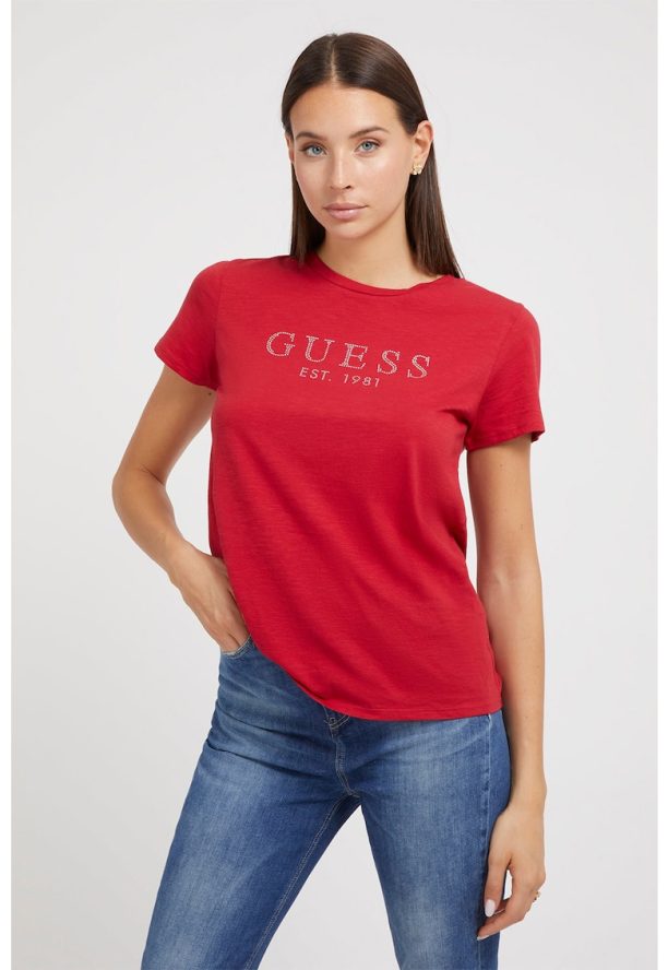 Тениска с овално деколте и предно лого GUESS JEANS