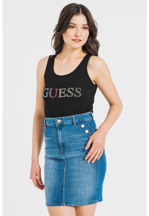 Топ с лого с декоративни камъни GUESS JEANS