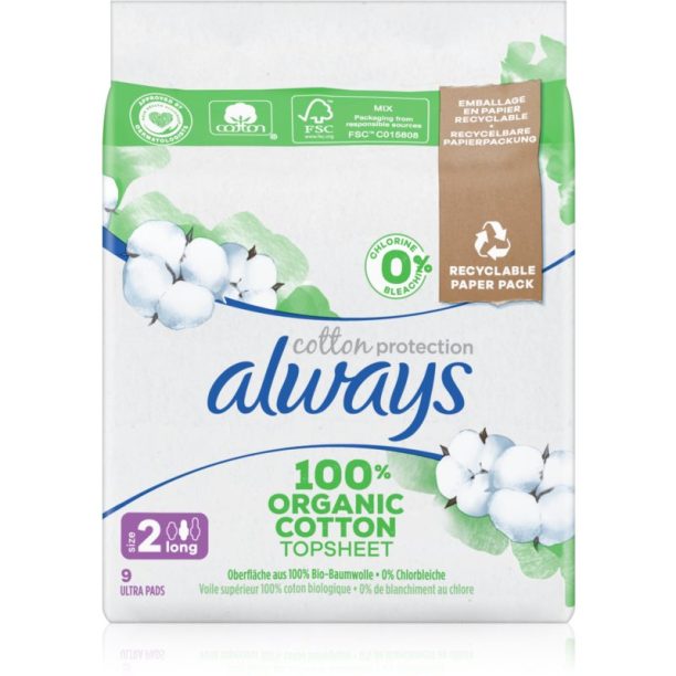 Always Cotton Protection Long санитарни кърпи без парфюм 9 бр.