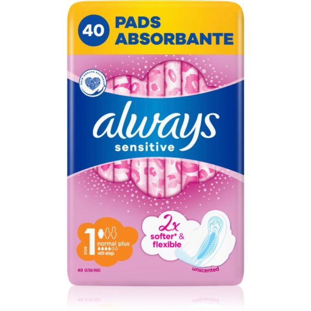 Always Sensitive Normal Plus санитарни кърпи без парфюм 40 бр.