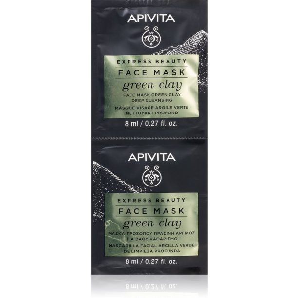 Apivita Express Beauty Green Clay почистваща и изглаждаща маска за лице със зелена кал 2 x 8 мл.