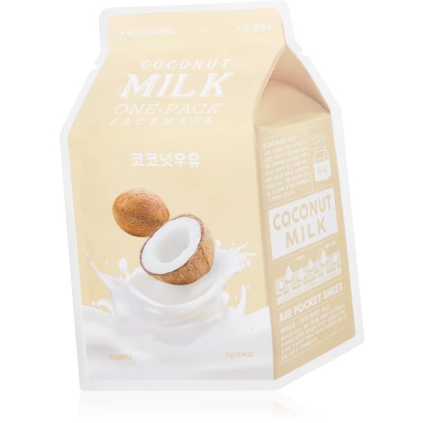 A´pieu One-Pack Milk Mask Coconut хидратираща платнена маска увеличаващ еластичността на кожата 21 гр.