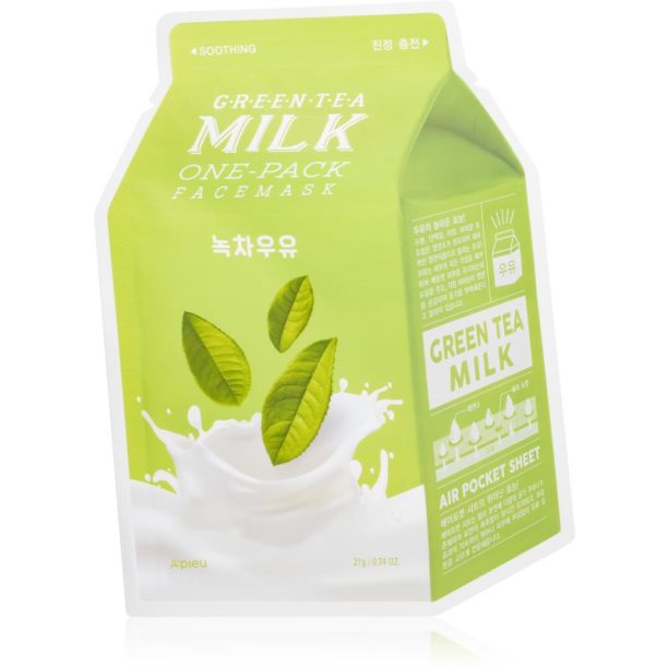 A´pieu One-Pack Milk Mask Green Tea успокояваща платнена маска за смесена и мазна кожа 21 гр.