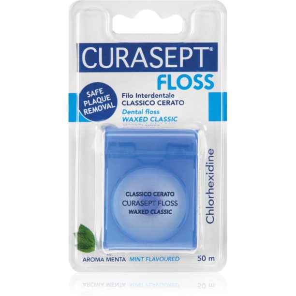 Curasept Dental Floss Waxed Classic восъчен конец за зъби с вкус на мента с антибактериална добавка 50 м