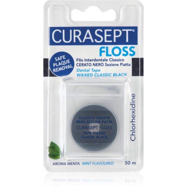 Curasept Dental Tape Waxed Classic Black восъчна лента за зъби с антибактериална добавка Mint 50 м