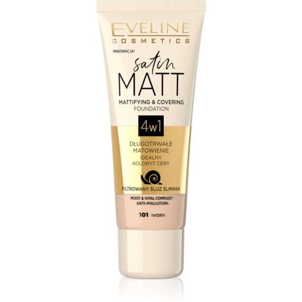 Eveline Cosmetics Satin Matt матиращ фон дьо тен с екстракт от охлюв цвят 101 Ivory 30 мл.