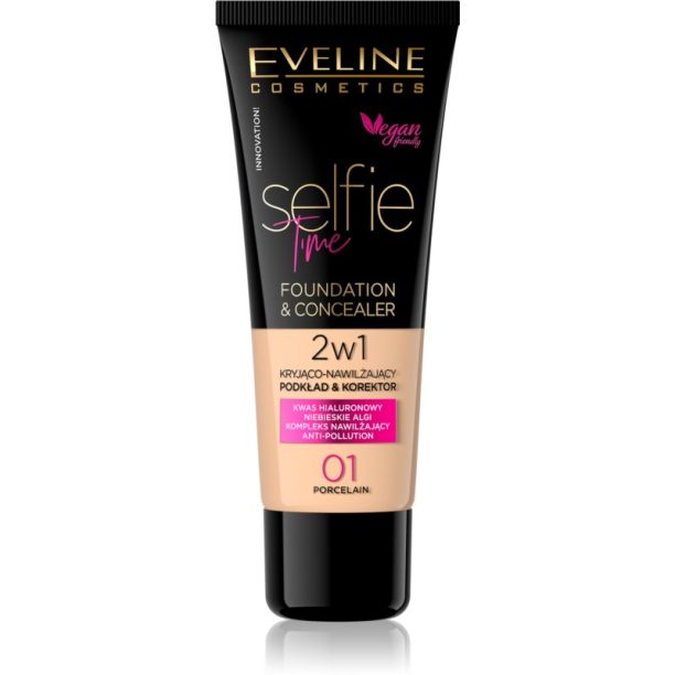 Eveline Cosmetics Selfie Time грим и коректор 2 в 1 цвят 01 Porcelain 30 мл.