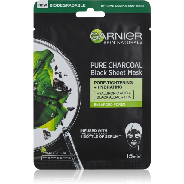 Garnier Skin Naturals Pure Charcoal черна платнена маска с екстракт от морски водорасли 28 гр. на ниска цена