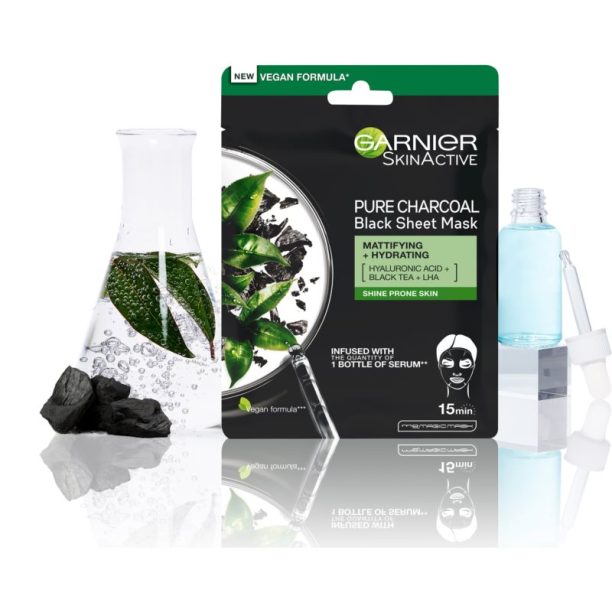 Garnier Skin Naturals Pure Charcoal черна платнена маска с екстракт от черен чай 28 гр. на ниска цена