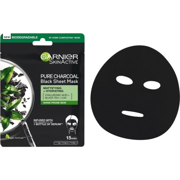 Garnier Skin Naturals Pure Charcoal черна платнена маска с екстракт от черен чай 28 гр. купи на топ цена