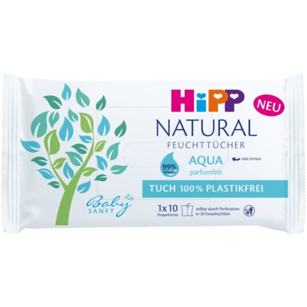 Hipp Babysanft Aqua Natural мокри почистващи кърпички за деца от раждането им 10 бр.