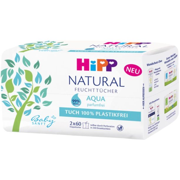 Hipp Babysanft Aqua Natural мокри почистващи кърпички за деца от раждането им 2x60 бр.