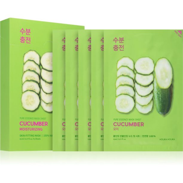 Holika Holika Pure Essence Cucumber платнена маска с успокояващ ефект за чувствителна кожа със склонност към почервеняване 5x20 мл.