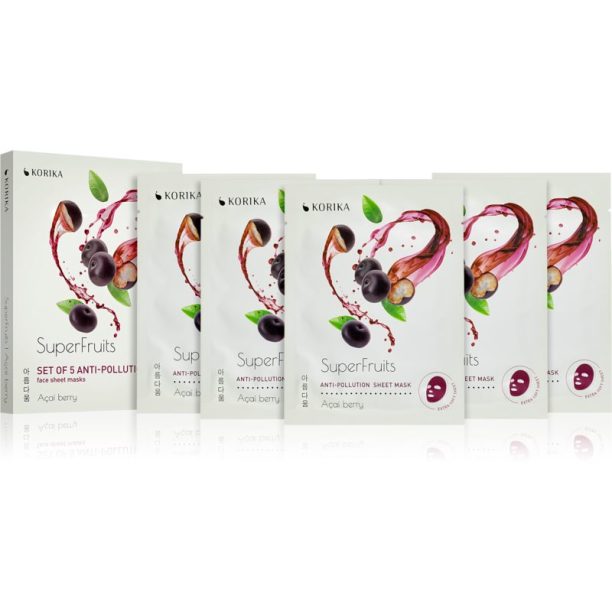 KORIKA SuperFruits Acai Berry - Set of 5 Anti-pollution Face Sheet Masks комплект маски за лице на намалена цена Acai berry на ниска цена